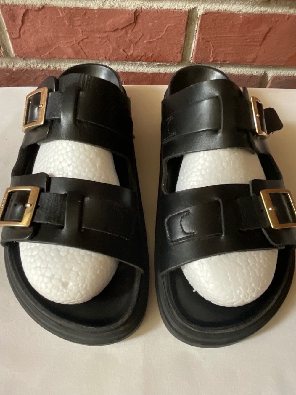 Birkenstock St Barths Black Natural Leather Slide Sandals Gold Buckle EU 41